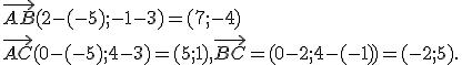 \vec{AB}(2-(-5);-1-3)=(7;-4)\\\vec{AC}(0-(-5);4-3)=(5;1),\vec{BC}=(0-2;4-(-1))=(-2;5).